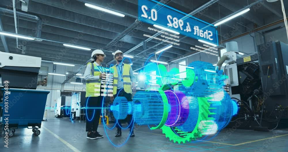 Aufkleber Engineers Use Augmented Reality to Visualize 3D Engine Turbine Concept in Factory Setting. Holographic Display Shows VFX Mechanical Components, Design and Analysis Processes for Industrial Innovation.