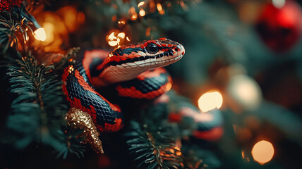 Vibrant red and black snake coiled on a Christmas tree branch adorned with festive lights.