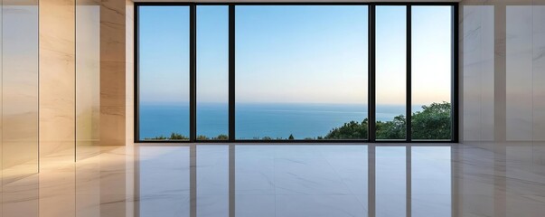 Fototapeta premium Floor-to-ceiling glass, open shower area, panoramic view, luxury feel