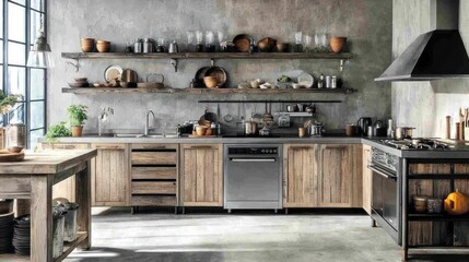 Rustic Industrial Kitchen Design With Wooden Cabinets