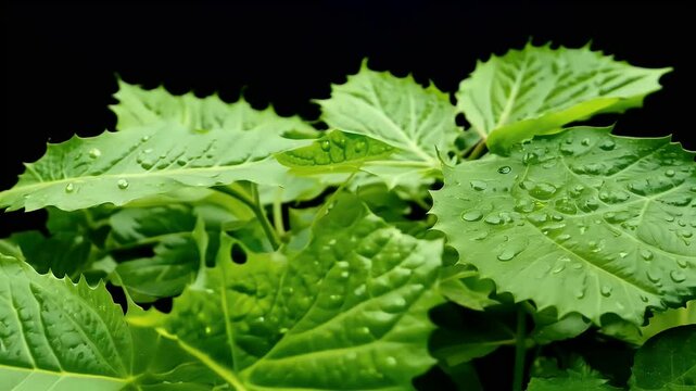 up shot fresh green leaves captured using probe lens shown vivid detail black background ideal organic rbal botanical themed content 4K