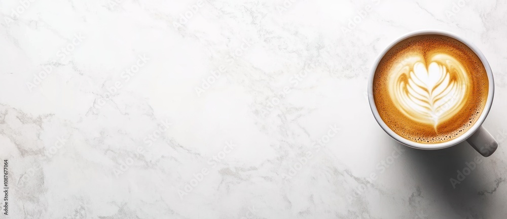 Poster a beautifully crafted latte with a heart-shaped design on a marble surface.