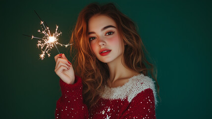 Young Woman Holding Sparkler in Festive Sweater on Green Background
