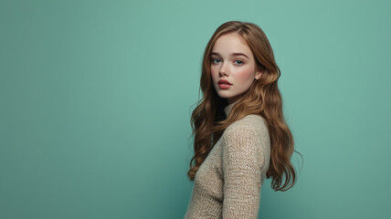 Young Woman in Cozy Sweater Against Minimalistic Background