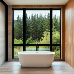 Fototapeta premium Floor-to-ceiling windows, freestanding tub, nature-inspired relaxation