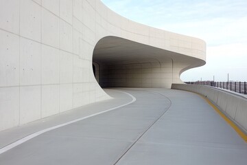 A side perspective of curved architectural walls meeting angular concrete paths