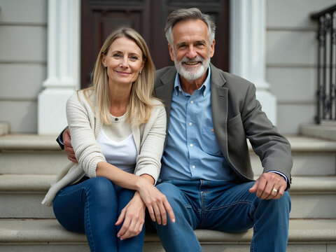 Happy senior couple smiling while sitting on stairs in front of house