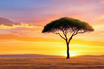 Fototapeta premium A simple silhouette of an acacia tree against a warm gradient sunset