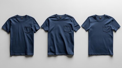 Navy Blue T-Shirt with Pocket Mockup Front Back and Side Views. Generative AI