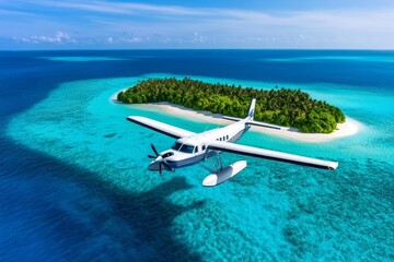 A small plane flying over an uncharted tropical island, with turquoise waters below