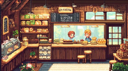 Naklejka premium Charming Pixel Art Bakery Shop Interior