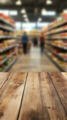 wood plank over blurred image of supermarket people shopping product shelf business concept Generative AI