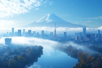 Retouch Mt.Fuji covered with snow and Japan cityscape on the sky in twilight
