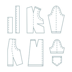 Set of sewing patterns in outline. Cut out details of clothes for atelier, dressmaker. Elements for tailoring, needlework, handmade, hobby. Line vector illustration	