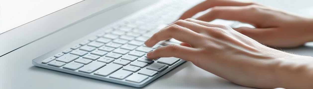 Detailed shot of fingers typing on a keyboard during an online job application, digital submission process, hiring, virtual recruitment