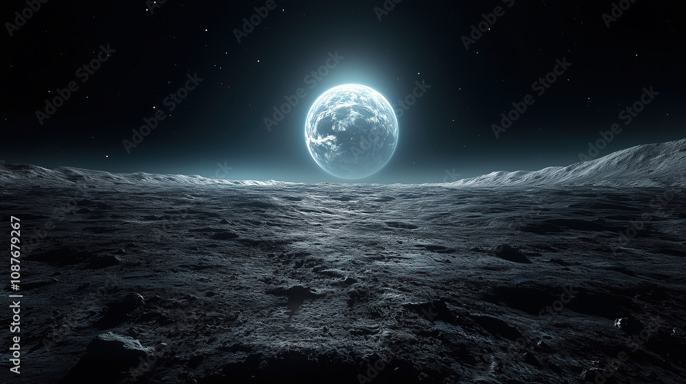 Poster moonlit landscape showcasing a vast lunar surface with a large glowing moon in a starry sky at night