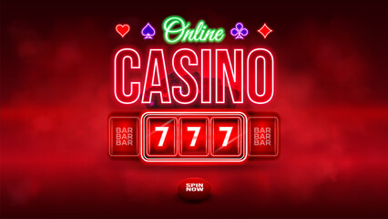 Online casino banner for website with button spin now, modern slot machine and playing cards. Glowing red casino poster on dark red background. Vector illustration