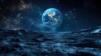 A breathtaking view of Earth from the lunar surface with star-filled skies above during a serene lunar night. Generative AI