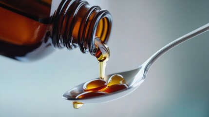 Amber liquid pouring from a bottle into a metal spoon.