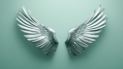 Obraz premium Stylish and Modern Sleek Silver Bird Wings Displaying Elegance Against a Soft Mint Background for Creative Projects