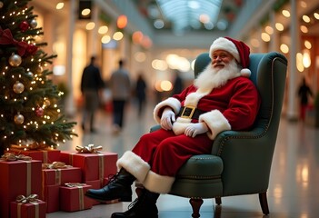 Santa sitting in soft chair on photozone in the mall with Christmas tree on backgrounds also a lot of blurred lights and gifts around
