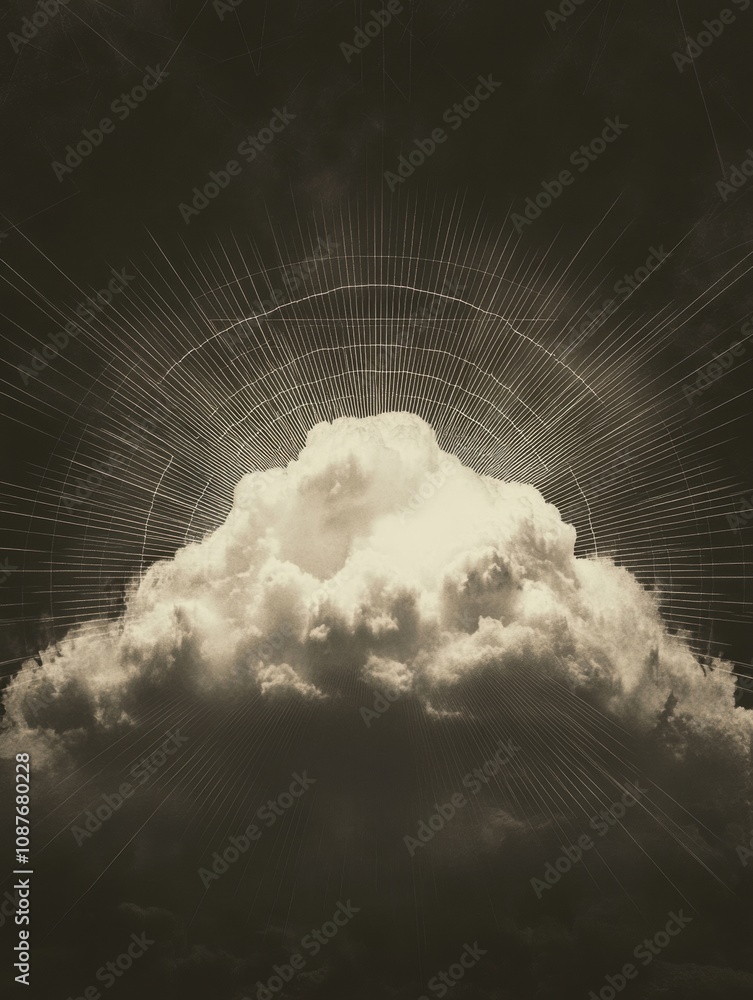 Poster A luminous cloud is illuminated by radiant light rays, creating a serene ambiance against a dark background, evoking a peaceful feeling. Generative AI