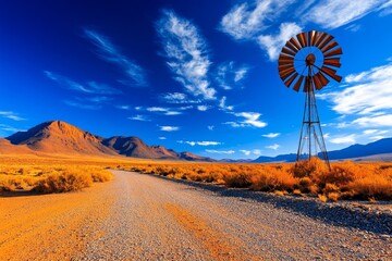 A vast karoo landscape with dry shrubs and a lone windmill standing under a bright sky