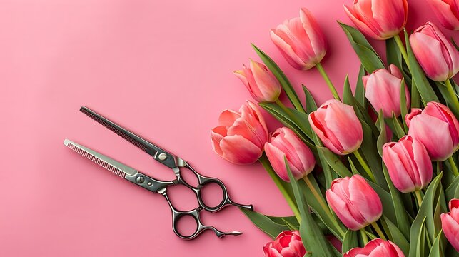 Mockup certificate gift voucher of hairdresser beauty salon beauty services orange gray card with for text mock up hairdressing scissors comb in bouquet of pink tulips on pink background
