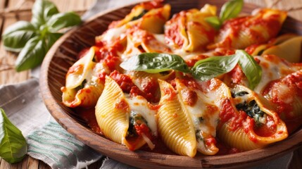 A delightful plate of spinach and ricotta stuffed shells baked with marinara sauce and melted mozzarella cheese, Stuffed shells plate centered