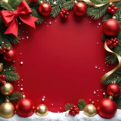 red christmas background with fir branches and decorations