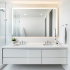 High-end bathroom with large mirror, quartz countertop, backlit LED lights, elegant and spacious