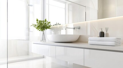 Fototapeta premium High-end bathroom with large mirror, quartz countertop, backlit LED lights, elegant and spacious