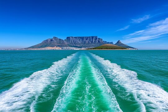 A view of Robben Island from a boat, with Table Mountain visible in the distance