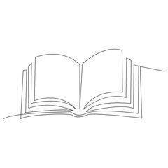 Continuous one line drawing of open book with flying pages on white background. 