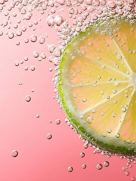 A slice of lime in sparkling water with bubbles on a pink background