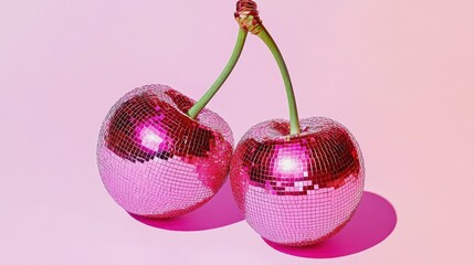 Two cherries with a disco ball texture on a pink background, creating a vibrant and reflective...