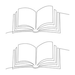 Continuous one line drawing of open book with flying pages on white background. 