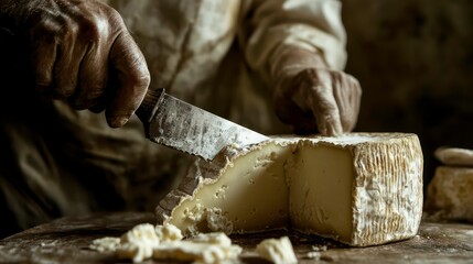 Close-up of a cheesemaker cutting a wheel of cheese with a large knife in a rustic dairy
