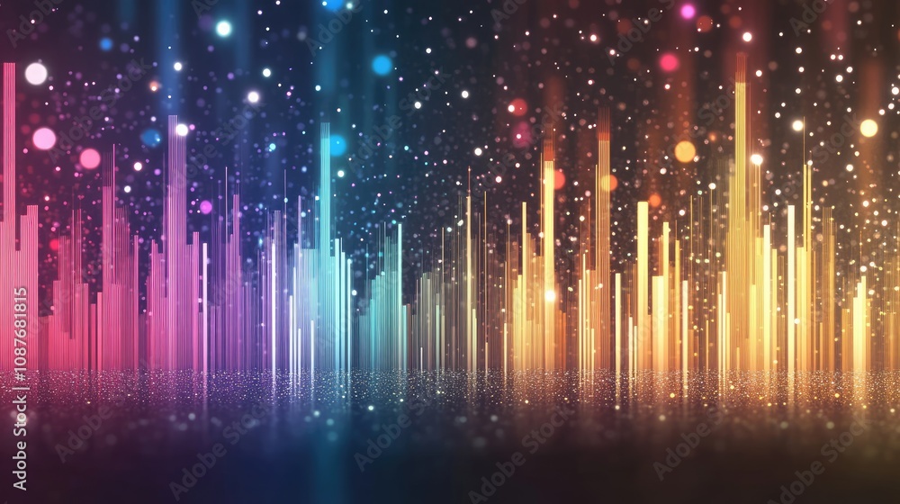 Poster a futuristic data dashboard with colorful bar graphs and icons celebrating diversity and innovation.