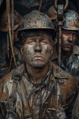Miners Emerging After Shift Covered in Dirt Showcasing Hardship and Teamwork