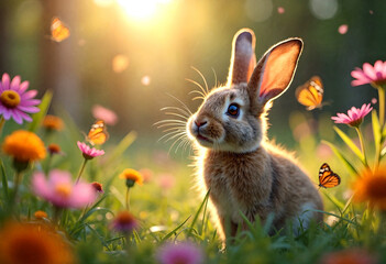 A Whimsical Rabbit Embodies Playful Curiosity in a Sun-Dappled Forest Surrounded by Vibrant Wildflowers and Fluttering Butterflies
