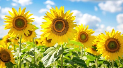 Obraz premium A Breathtaking Field of Sunflowers Basking in the Sunshine Beneath a Vibrant Blue Sky with Fluffy Clouds Above, Nature's Masterpiece.