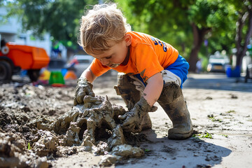 Kind spielt begeistert im Matsch und baut Schlammburg