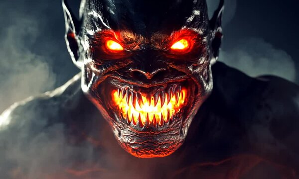 A dark, menacing creature with glowing red eyes and sharp teeth, evoking fear and intensity.