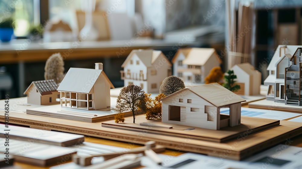 Poster detailed view of architectural model design in workshop with wooden structures, miniature homes, and