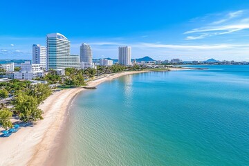 Aerial shot of a sprawling metropolitan area by the ocean, with high-rise buildings along the coastline