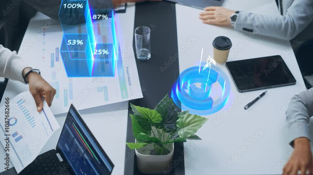Poster top down view on table: executives and businesspeople work with data projections during meeting. hol