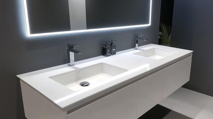 Large vanity with double sinks, quartz countertop, LED mirror, luxurious feel