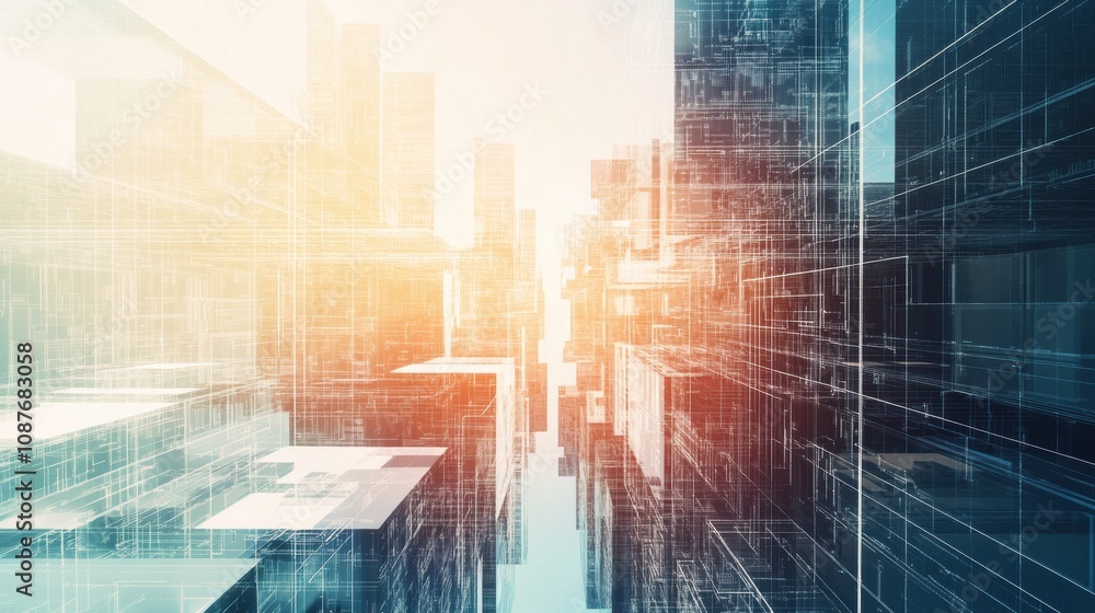 Poster the skyline of a smart city features modern buildings linked by a sophisticated ai network, illumina