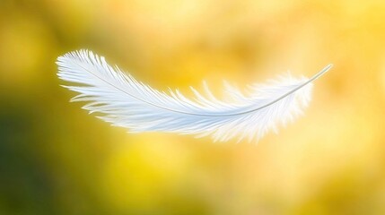 Naklejka premium Soft white feather floating mid-air, captured in motion, with a blurred background to emphasize its lightness and delicacy.